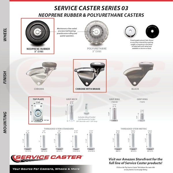 3 Inch Bright Chrome Hooded Neoprene Rubber Top Plate Caster with Brake SCC